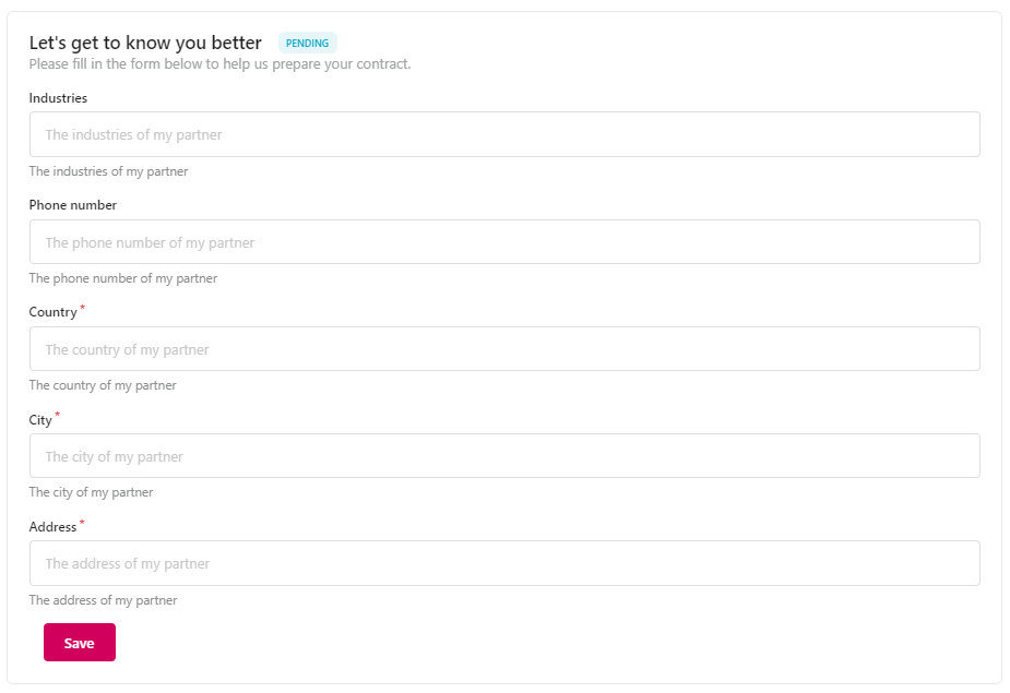Example of provide informatoin action on the partner portal
