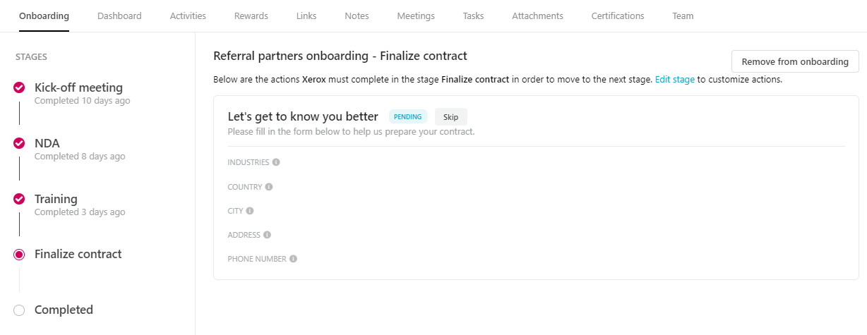 Example of onboarding tab